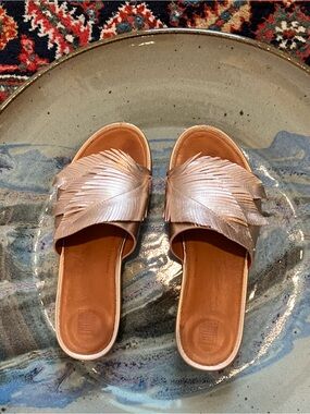 FitFlop Metallic Rose Gold Slide Sandals with Feather Detail